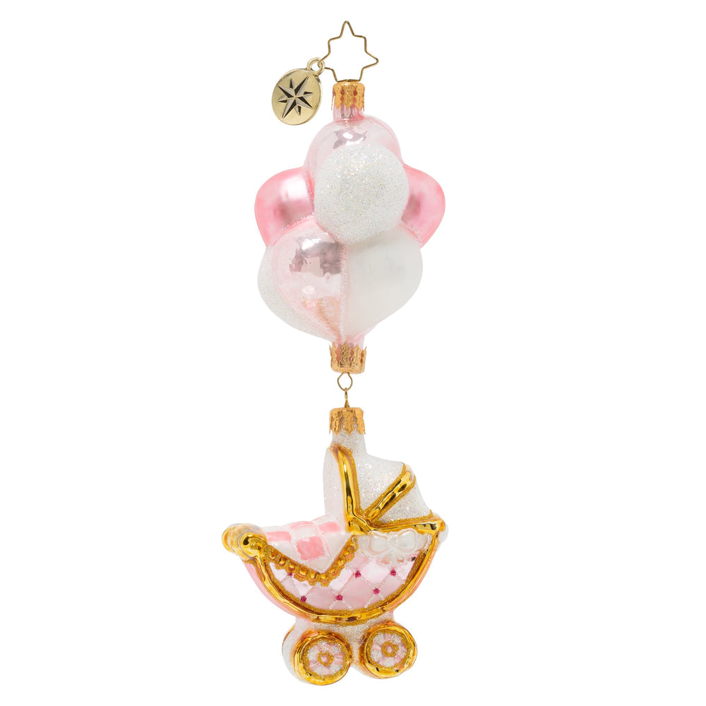 Ornament Description - Baby Girl Buggy & Balloons: What's beautiful, sweet, and as precious as a pearl? It's a gift like no otherâ€”it's a lovely newborn baby girl.