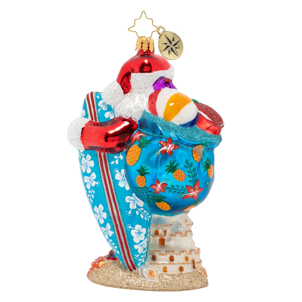 Back - Ornament Description - Shredding the Gnar: Woah, dude, the waves are totally tubular today! If Mrs. Claus doesn't call Santa home soon, out in the surf, hanging ten, is where he'll stay.