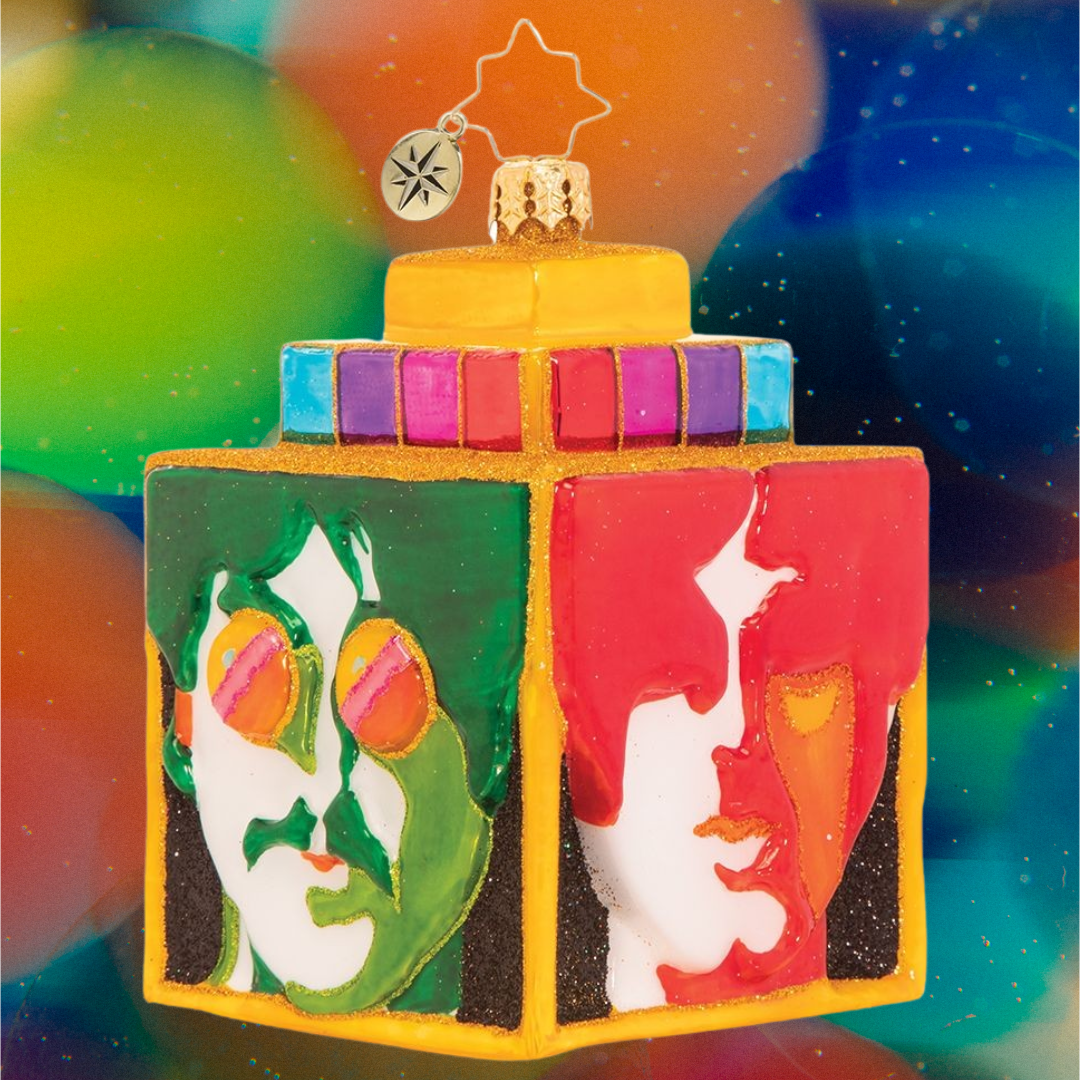 Ornament Description - Sea of Science Cube: The Beatles have found themselves in another groovy underwater realm, filled with so many wonders. They'll continue on their journey to Pepperland, but not before singing a Northern song and getting a little colorful.