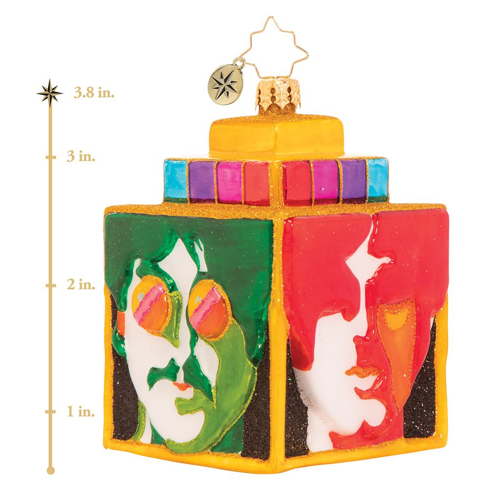 Ornament Description - Sea of Science Cube: The Beatles have found themselves in another groovy underwater realm, filled with so many wonders. They'll continue on their journey to Pepperland, but not before singing a Northern song and getting a little colorful. This photo shows the ornament is about 3.8 inches tall. 