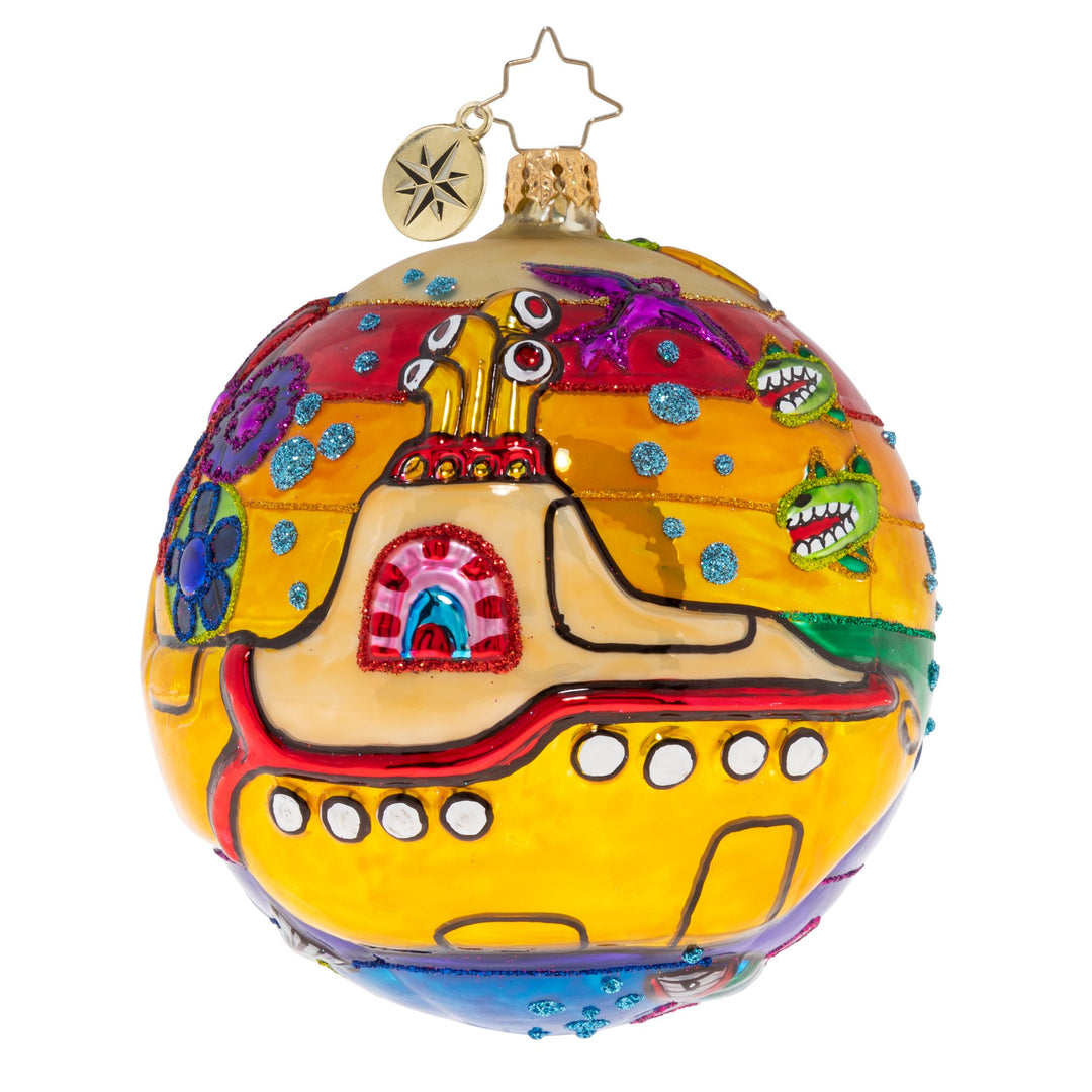 Front - Ornament Description - Land of Submarines: Let them take you down, cause they're going...Join the Beatles as they explore new hideaways beneath the waves in their yellow submarine. Who knows what psychedelic scenes await!