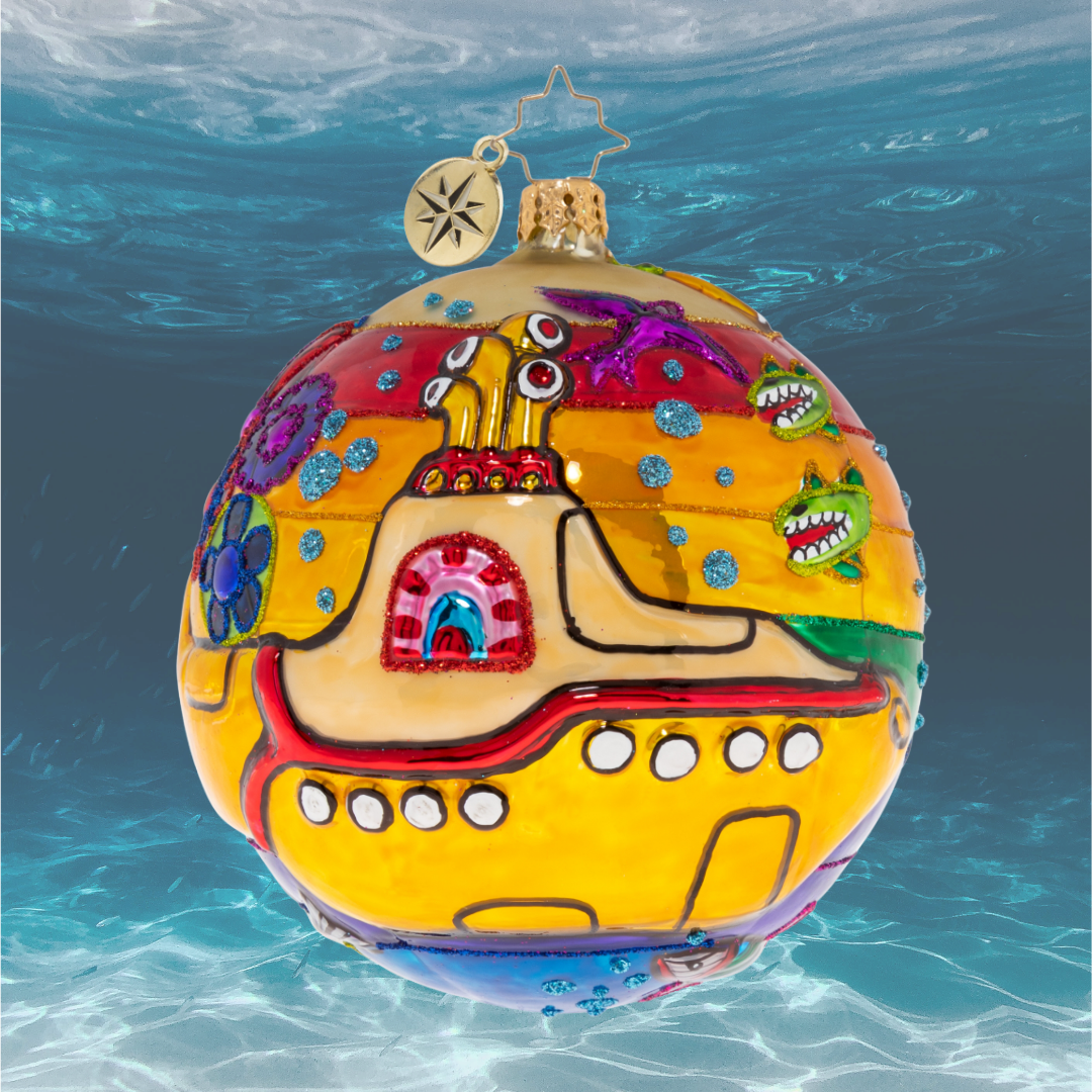 Ornament Description - Land of Submarines: Let them take you down, cause they're going...Join the Beatles as they explore new hideaways beneath the waves in their yellow submarine. Who knows what psychedelic scenes await!