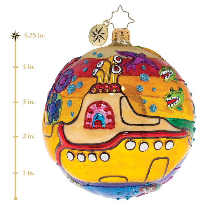 Ornament Description - Land of Submarines: Let them take you down, cause they're going...Join the Beatles as they explore new hideaways beneath the waves in their yellow submarine. Who knows what psychedelic scenes await! This photo shows the ornament is about 4.25 inches tall. 