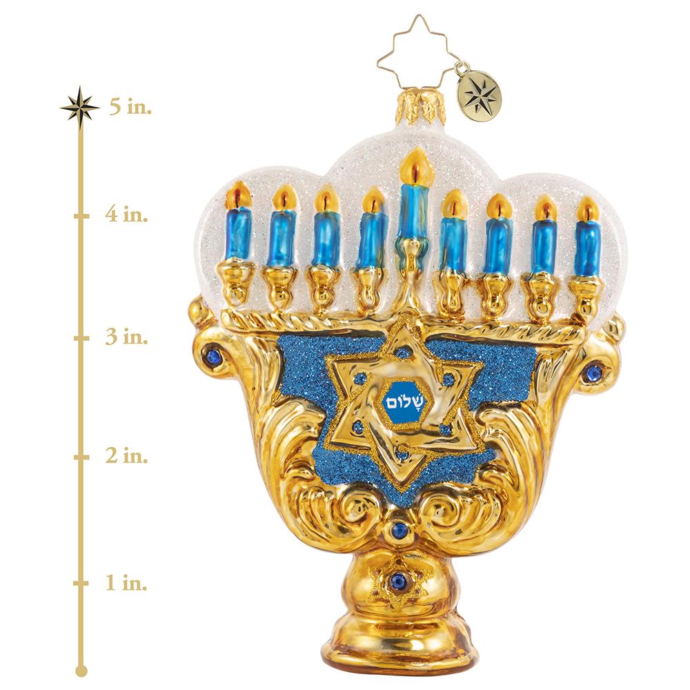 Ornament Description - Eight Nights of Light Menorah: The warm glow of eight flickering candles brightens even the darkest of winter nights. This Hannukah menorah evokes time-honored Jewish traditions and the celebration of the festival of lights. This photo shows the ornament is about 5 inches tall. 