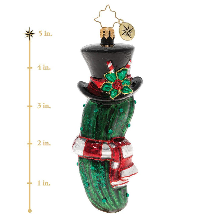 Ornament Description - The Christmas Pickle: Sure, he's sour, and a little bit sweet! This festive pickle might be decorative but man, does he look good enough to eat. This video shows the ornament is about 5 inches tall. 