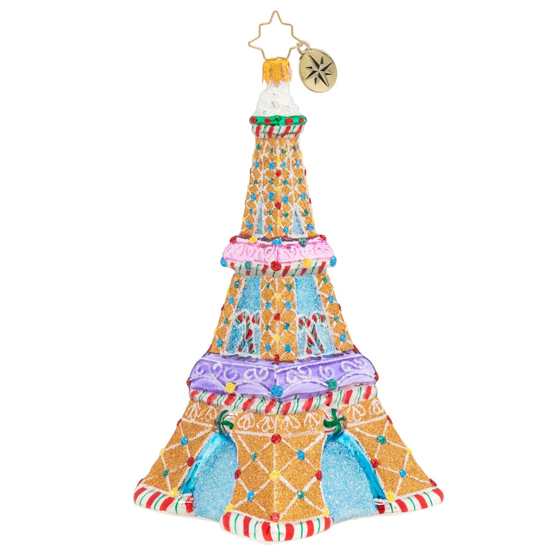 Back-Side View - Ornament Description - Paris is Sweet: Goodness gracious! Sacre bleu! The Eiffel Tower's totally laced in candy, now it's even sweeter to view.