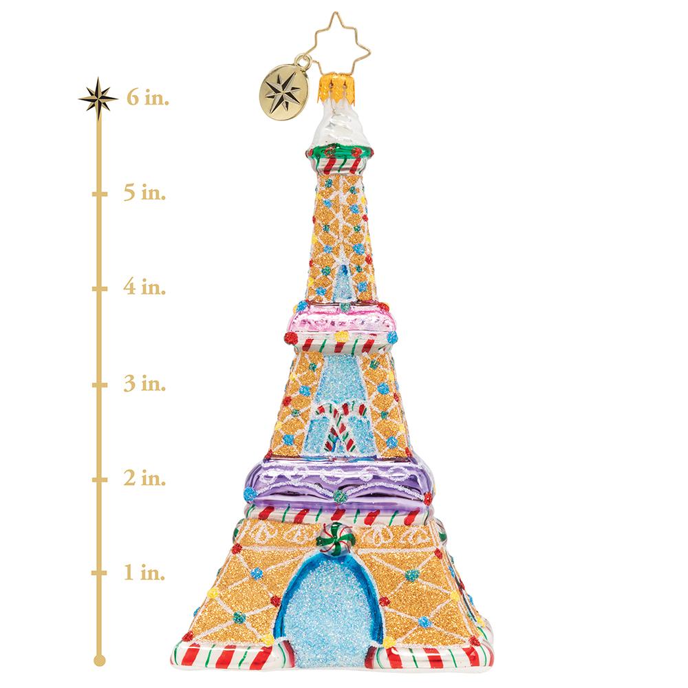 Ornament Description - Paris is Sweet: Goodness gracious! Sacre bleu! The Eiffel Tower's totally laced in candy, now it's even sweeter to view. This photo shows the ornament is about 6 inches tall.