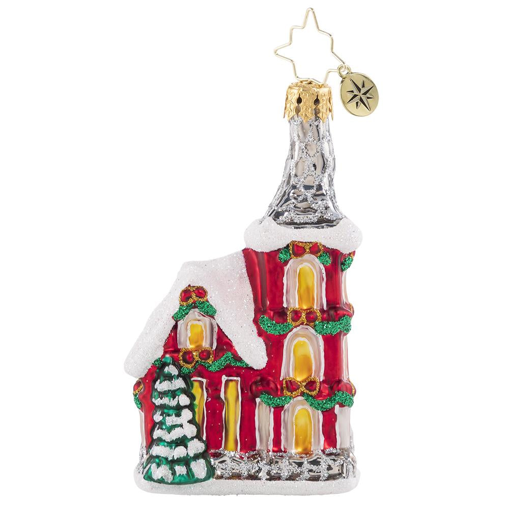Back - Ornament Description - The Charming Chapel: Even the deepest snow flurries won't stop friends and family from traveling far and wide to celebrate together at their beloved Christmas chapel.