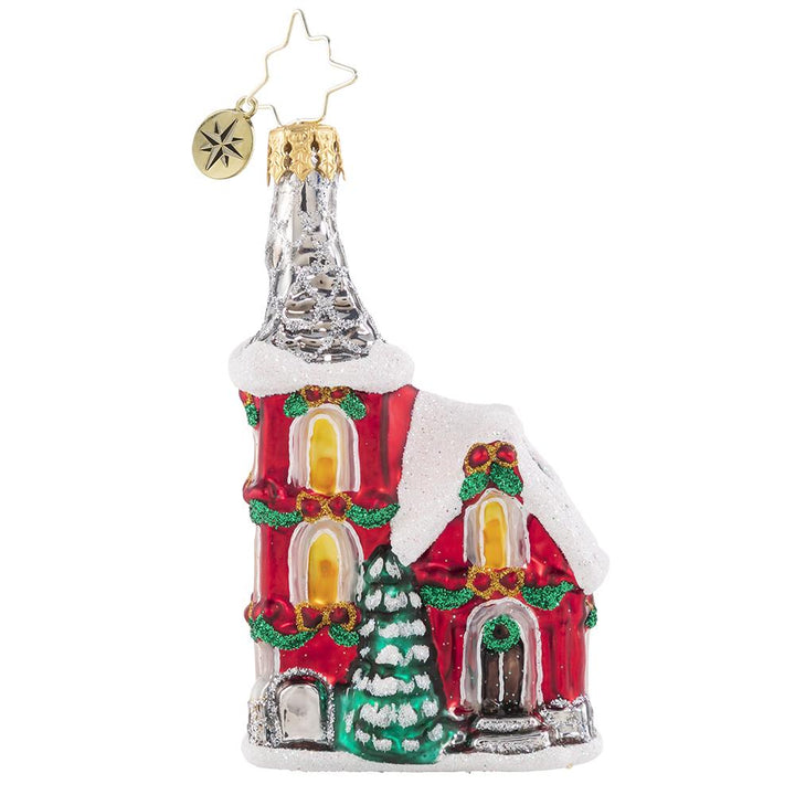 Front - Ornament Description - The Charming Chapel: Even the deepest snow flurries won't stop friends and family from traveling far and wide to celebrate together at their beloved Christmas chapel.