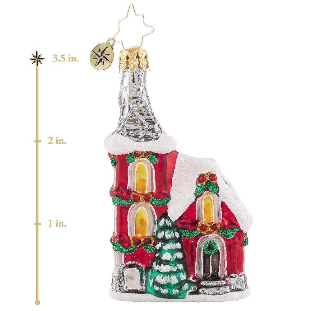 Ornament Description - The Charming Chapel: Even the deepest snow flurries won't stop friends and family from traveling far and wide to celebrate together at their beloved Christmas chapel. This photo shows the ornament is about 3.5 inches tall. 