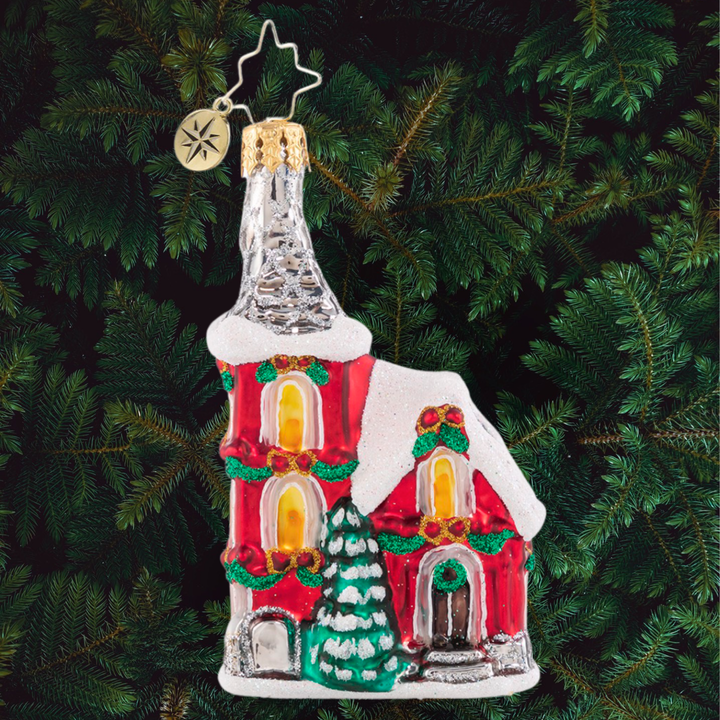 Ornament Description - The Charming Chapel: Even the deepest snow flurries won't stop friends and family from traveling far and wide to celebrate together at their beloved Christmas chapel.