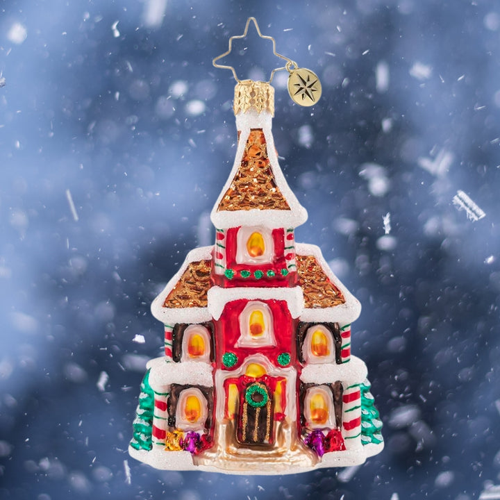 Ornament Description - Grandeur in Ginger Gem: This delicious dwelling sure is sweet! A tempting treat from top to bottom, this petite palace is the picture of candy-coated holiday delight!