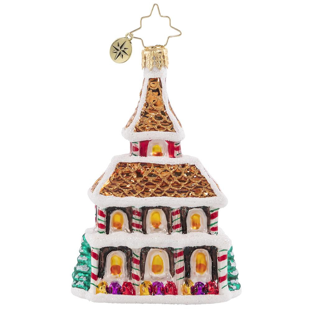 Back - Ornament Description - Grandeur in Ginger Gem: This delicious dwelling sure is sweet! A tempting treat from top to bottom, this petite palace is the picture of candy-coated holiday delight!