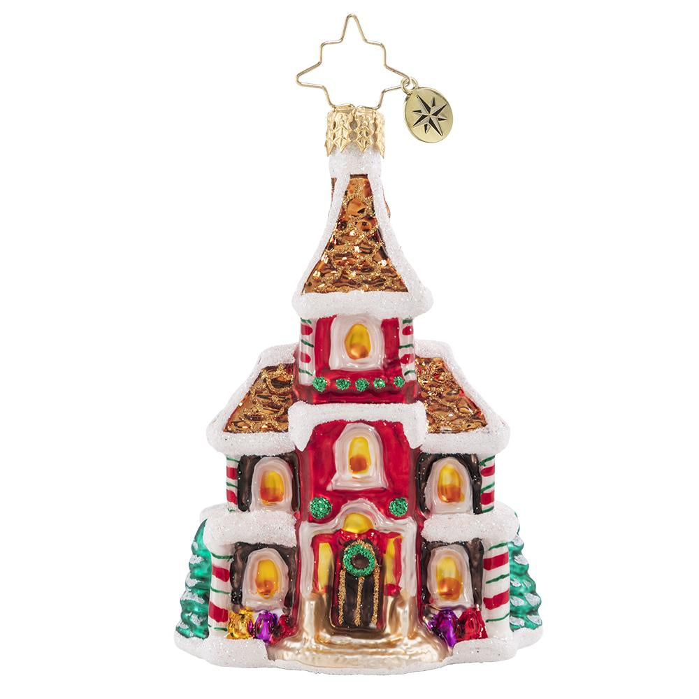 Front - Ornament Description - Grandeur in Ginger Gem: This delicious dwelling sure is sweet! A tempting treat from top to bottom, this petite palace is the picture of candy-coated holiday delight!