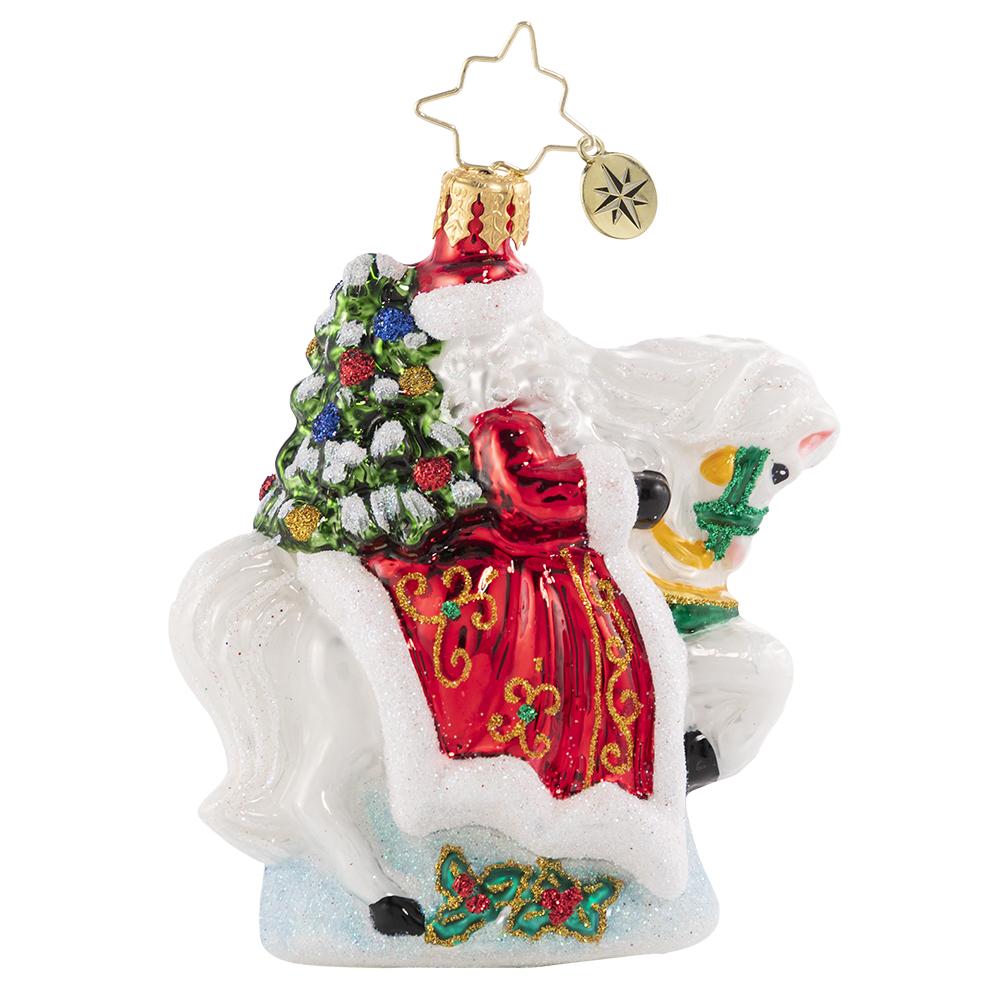 Back - Ornament Description - Galloping into Christmas Gem: Giddy up! Santa is riding into town atop his trusty snowy steed. Do not let his small stature fool you--this little guy has serious horsepower!