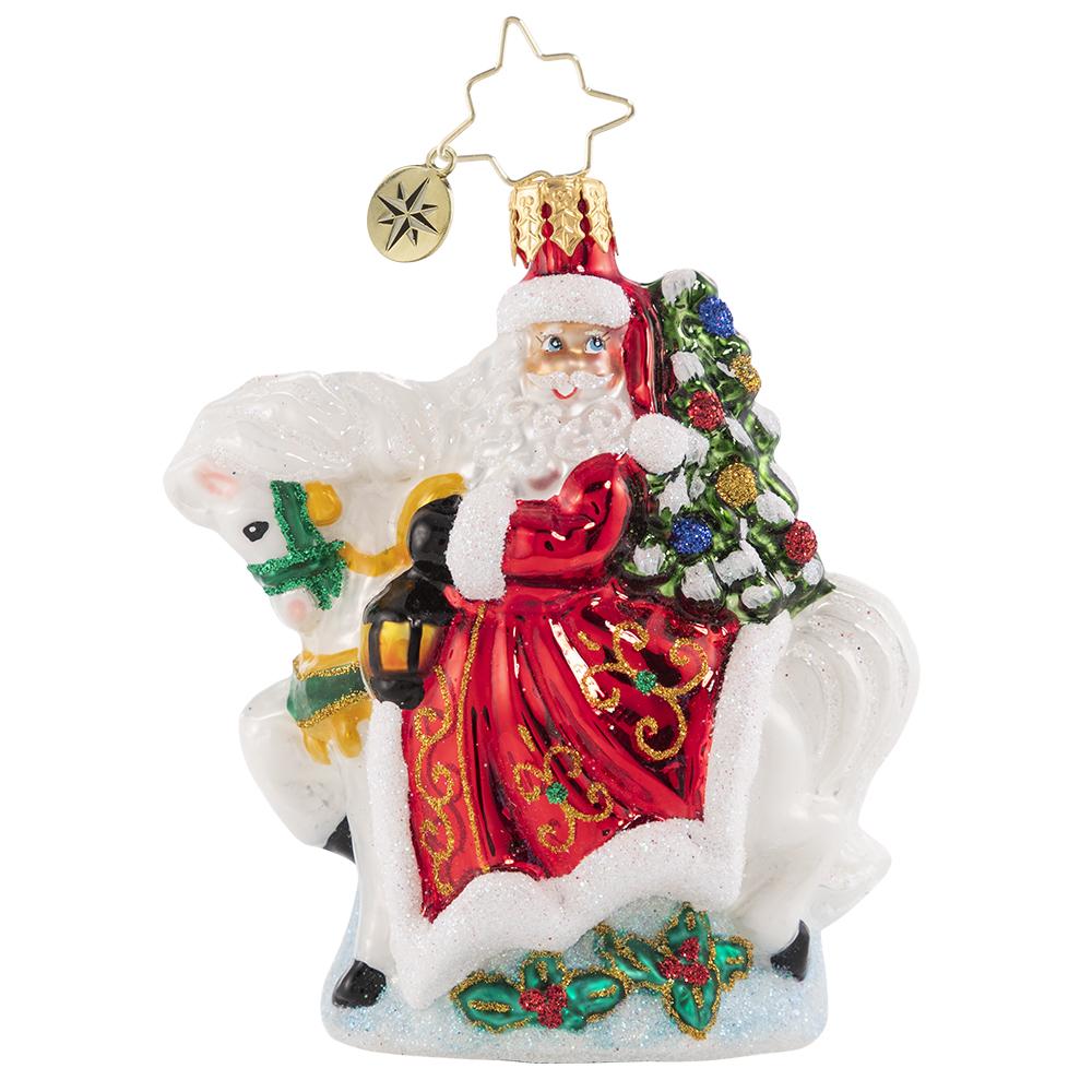 Front - Ornament Description - Galloping into Christmas Gem: Giddy up! Santa is riding into town atop his trusty snowy steed. Do not let his small stature fool you--this little guy has serious horsepower!