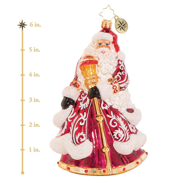 Ornament Description - An En-deering St. Nick: Dressed to the nine(point)s in his favorite reindeer-motif robe, Santa reminisces about Christmases past and honors the trusty animal companions that have made his big night possible for centuries. This photo shows the ornament is about 6 inches tall.