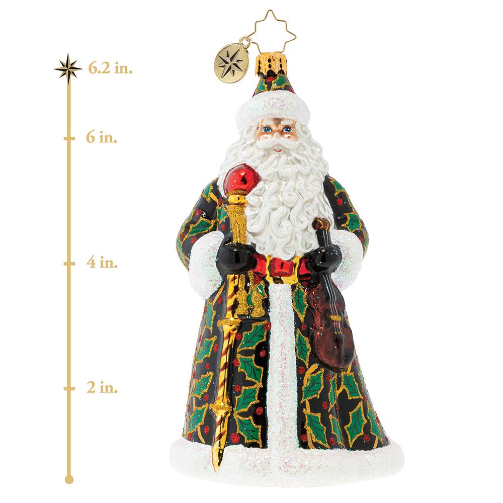 Ornament Description - By Golly Santa Loves Holly: Deck the Claus in boughs of holly, fa-la-la-la-la-la-la-la-la! Santa is taking "holly jolly" to an entirely new level in this festive frock. This photo shows the ornament is about 6.2 inches tall.