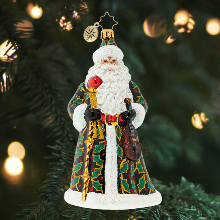 Ornament Description - By Golly Santa Loves Holly: Deck the Claus in boughs of holly, fa-la-la-la-la-la-la-la-la! Santa is taking "holly jolly" to an entirely new level in this festive frock.