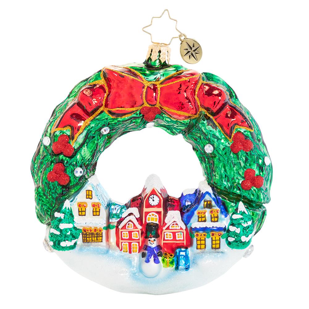 Ornament Description - An All-Around Christmas Town!: Frosty's festive holiday village is ready for the most magical time of year, glowing under a traditional fresh holly swag. The villagers cannot wait to hear the first carolers of the season!