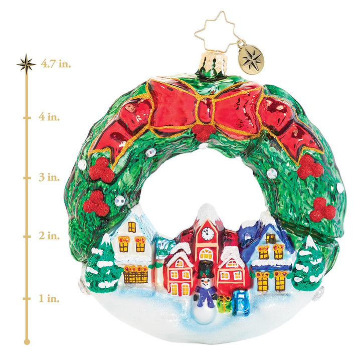 Ornament Description - An All-Around Christmas Town!: Frosty's festive holiday village is ready for the most magical time of year, glowing under a traditional fresh holly swag. The villagers cannot wait to hear the first carolers of the season! This photo shows the ornament is about 4.7 inches tall.