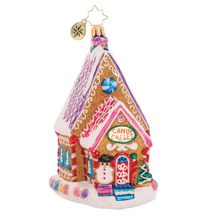Front - Ornament Description - The Confectioner's Chalet: Nestled right on Candy Cane Lane, this gingerbread house is confection perfection! Rumor has it, it is home to the town candymaker--no wonder it is so sweet!