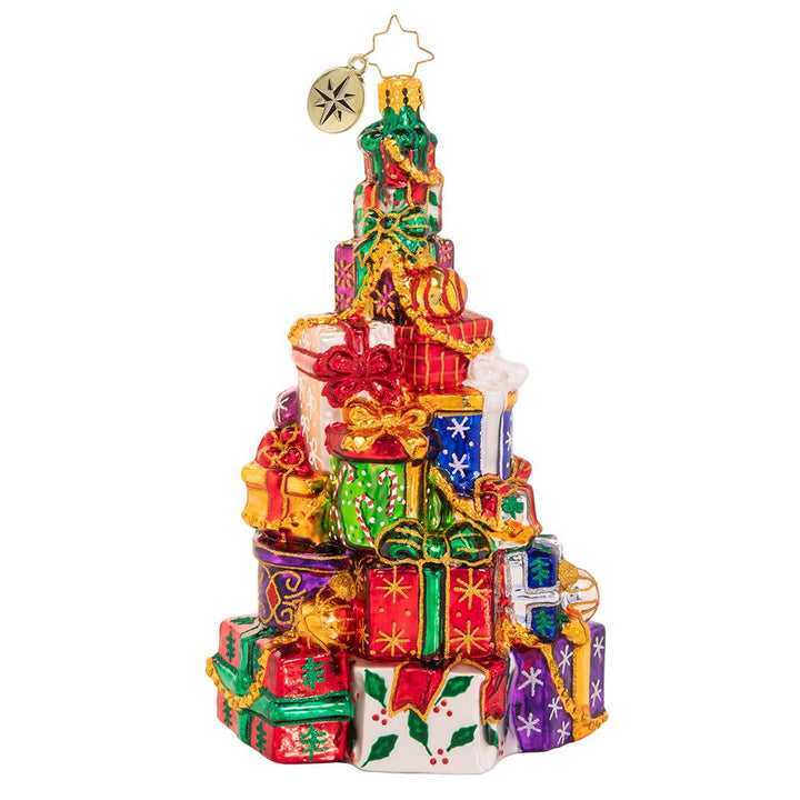 Back - Ornament Description - Abounding Presents: Someone has been VERY good this year! This supersized pile of presents seems to get higher with every Christmas that goes by!