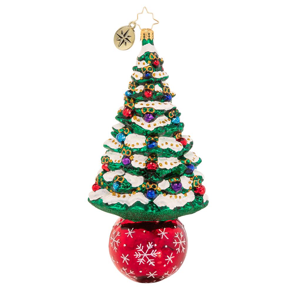 Back - Ornament Description - A Beautifully Balanced Tree: We are pine-ing for Christmas! A frosted fir sits perfectly perched atop a resplendent ruby-red holiday bauble.
