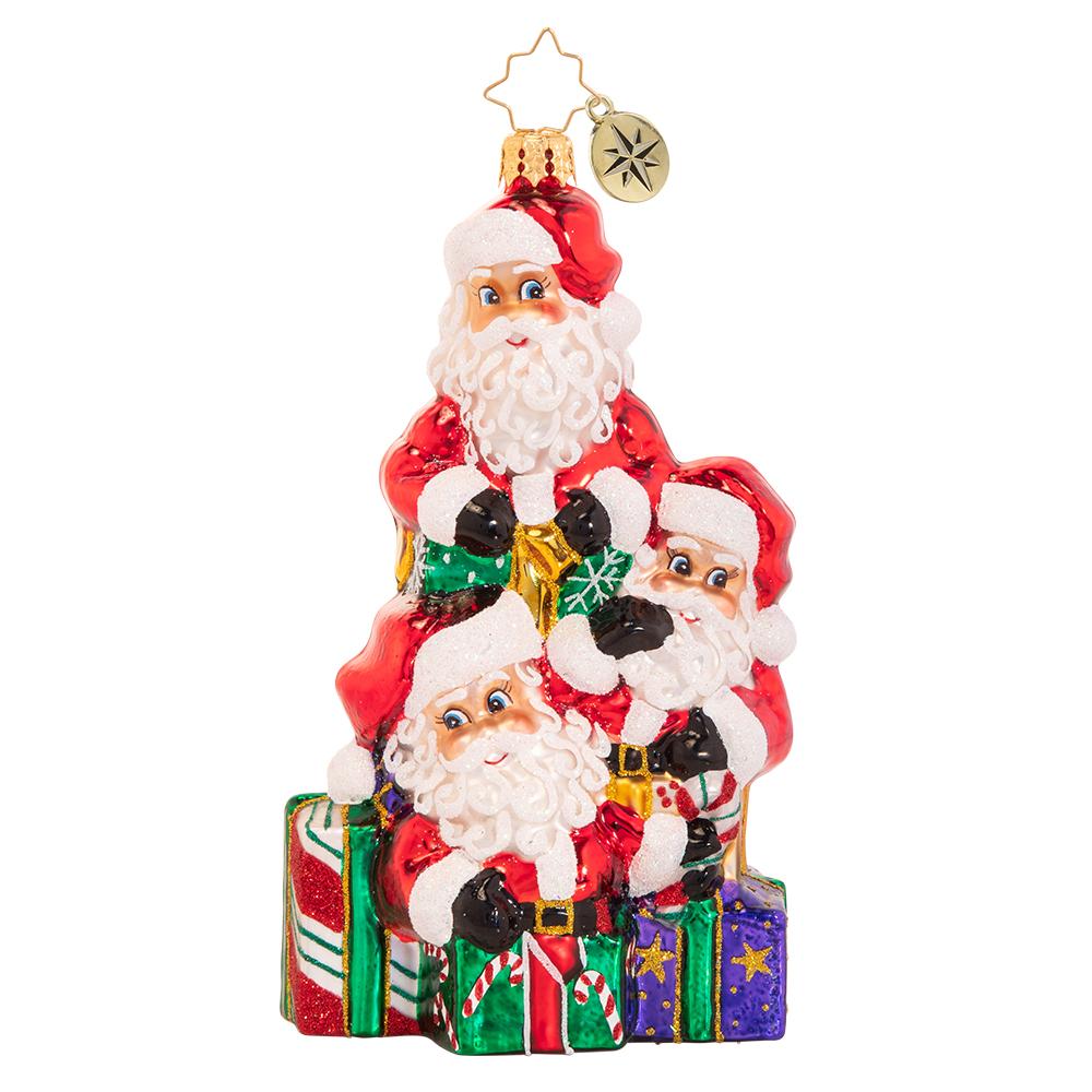 Ornament Description - A Tremendous Trio of Santas: Good things come in threes! It is not easy to get all the way around the world in a single night, so Santa used a little Christmas magic to clone himself a few extra pairs of hands this year.