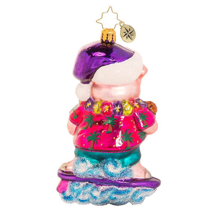 Back - Ornament Description - Island Time Swine: Surf's up! This hog is hanging ten, riding a wave of fun right into the holiday season. For Christmas dinner, he suggests skipping the Kahlua pork and going straight for surf & turf instead!