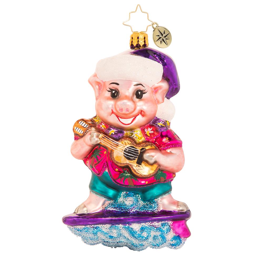 Front - Ornament Description - Island Time Swine: Surf's up! This hog is hanging ten, riding a wave of fun right into the holiday season. For Christmas dinner, he suggests skipping the Kahlua pork and going straight for surf & turf instead!