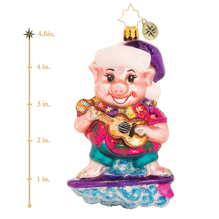 Ornaments - Description: Island Time Swine - Surf's up! This hog is hanging ten, riding a wave of fun right into the holiday season. For Christmas dinner, he suggests skipping the Kahlua pork and going straight for surf &amp; turf instead! This photo shows the ornament is about 4.8 inches tall.