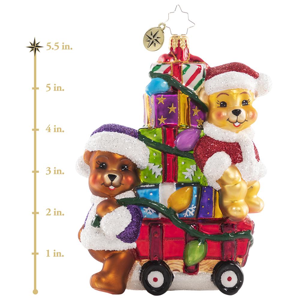 Ornament Description - Toting Treasure Teddies: Wishing you a very bear-y Christmas! These precious plushies are riding in style on their little red wagon piled high with toys and Christmas joy! This photo shows the ornament is about 5.5 inches tall. 