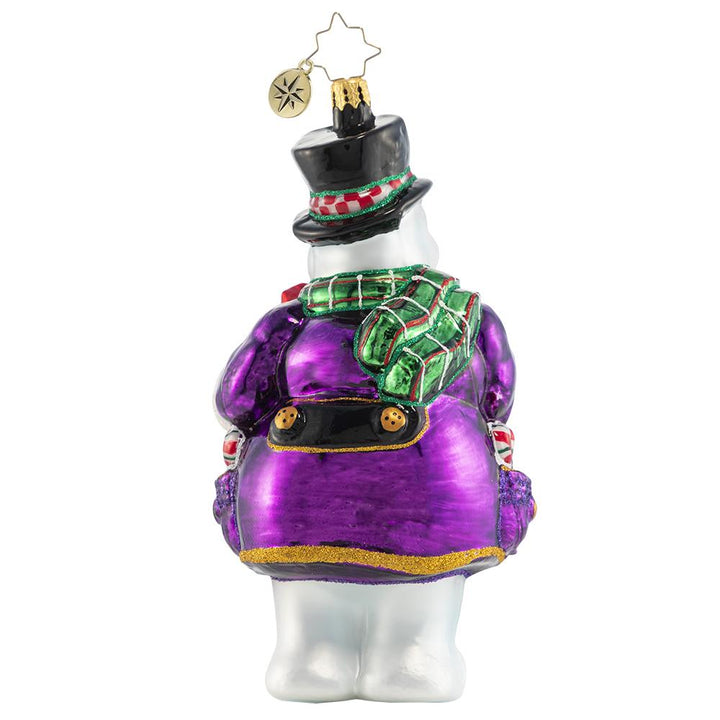 Back - Ornament Description - How 'Bout Them Apples?: You cannot have hot apple cider without apples, right? This snowman is doing his part to make sure there is plenty to go around this holiday.