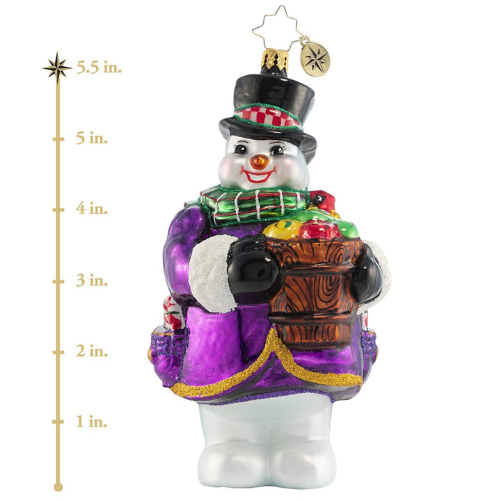 Ornament Description - How 'Bout Them Apples?: You cannot have hot apple cider without apples, right? This snowman is doing his part to make sure there is plenty to go around this holiday. This photo shows the ornament is about 5.5 inches tall. 