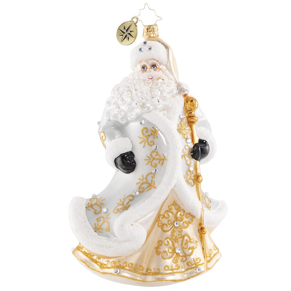 Front - Ornament Description - Gleaming in Golden Radiance: Santa is going for gold! He is shining bright in a showstopping gilded getup. We are not sure what shines brighter--him or the North Star!