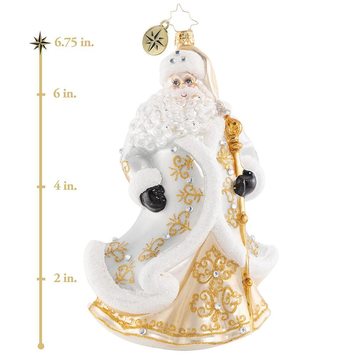 Ornament Description - Gleaming in Golden Radiance: Santa is going for gold! He is shining bright in a showstopping gilded getup. We are not sure what shines brighter--him or the North Star! This photo shows the ornament is about 6.75 inches tall. 