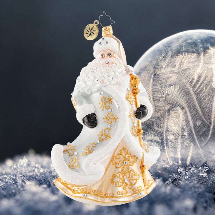Ornament Description - Gleaming in Golden Radiance: Santa is going for gold! He is shining bright in a showstopping gilded getup. We are not sure what shines brighter--him or the North Star!