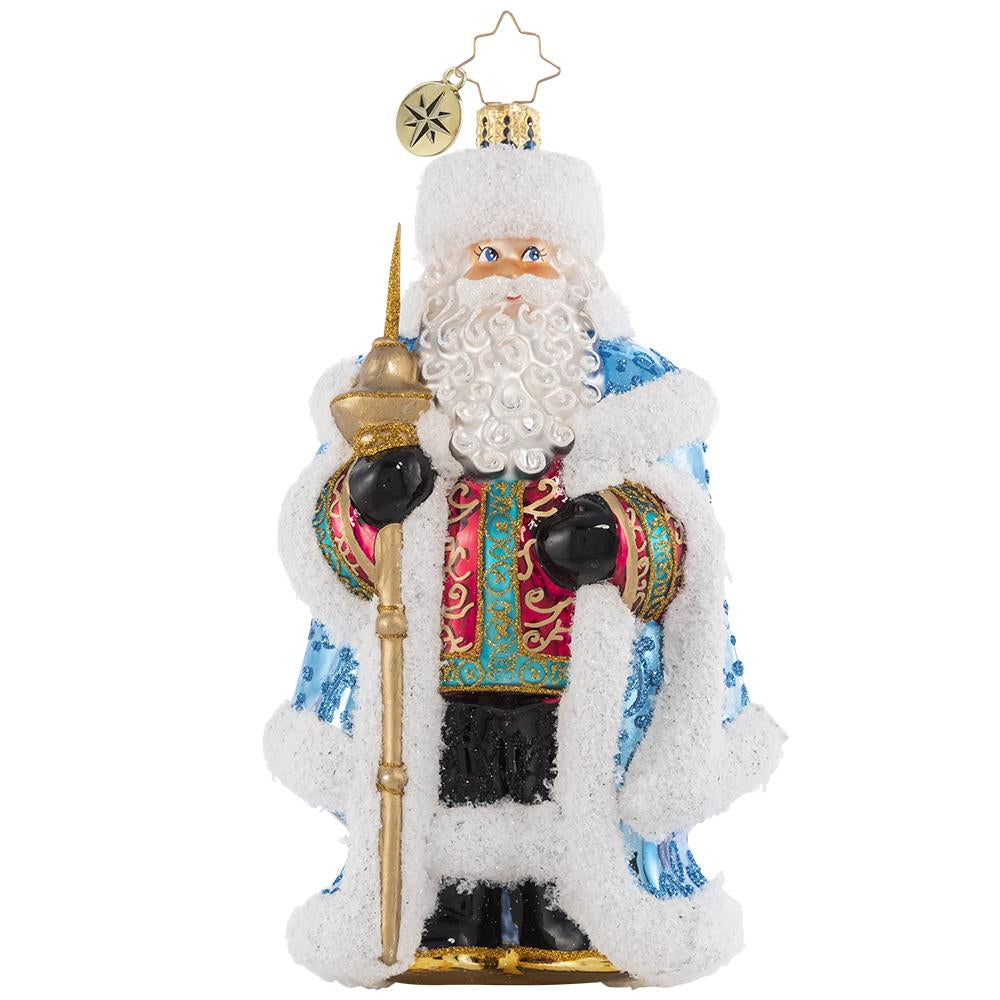 Front - Ornament Description - Spiffy For the Soiree: He is truly the king of Christmas! Looking positively royal in ice-blue regalia, Santa awaits the arrival of his guests at his annual holiday jubilee.