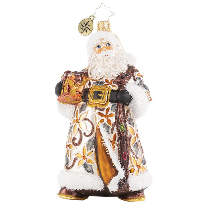 Front - Ornament Description - Bountiful Basket Traveler: Santa has emerged from a long trek through the forest, carrying a heavy woven basket full of gifts to share. Nothing will stand in the way of Santa delivering every last bit of Christmas cheer!