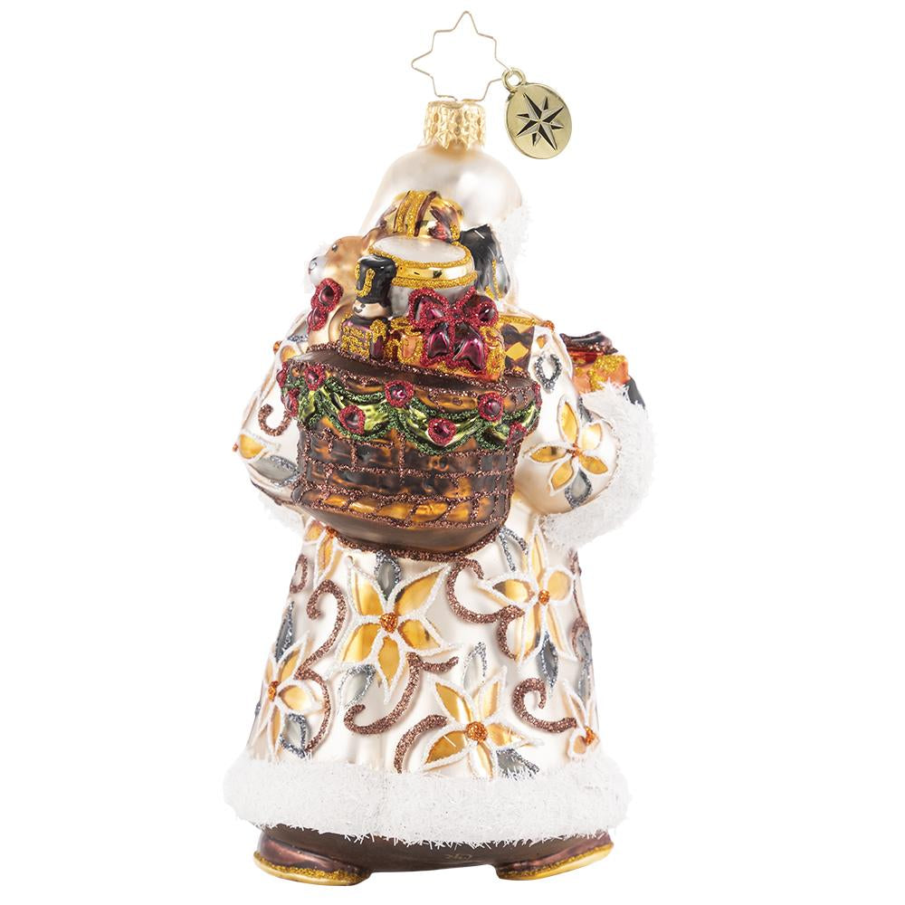 Back - Ornament Description - Bountiful Basket Traveler: Santa has emerged from a long trek through the forest, carrying a heavy woven basket full of gifts to share. Nothing will stand in the way of Santa delivering every last bit of Christmas cheer!