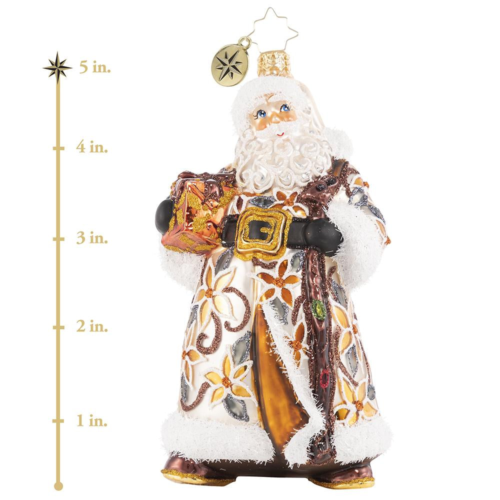 Ornament Description - Bountiful Basket Traveler: Santa has emerged from a long trek through the forest, carrying a heavy woven basket full of gifts to share. Nothing will stand in the way of Santa delivering every last bit of Christmas cheer! This photo shows the ornament is about 5 inches tall.