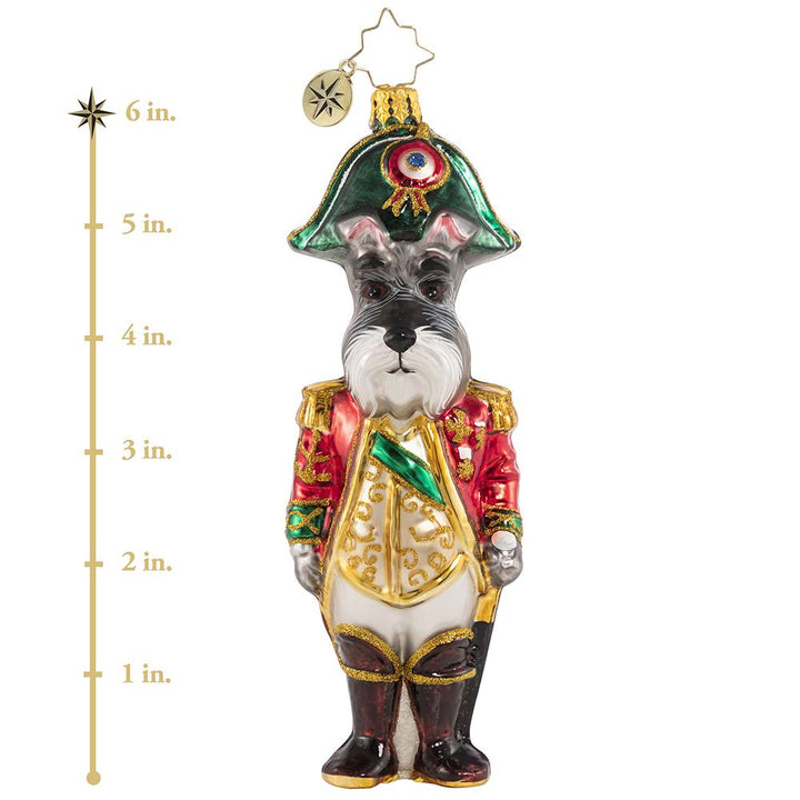 Ornament Description - Lieutenant Schnauzer: This stately soldier has donned his uniform and awaits his holiday orders. He hopes he will be assigned to lead the procession in this year's Christmas parade! This photo shows the ornament is about 6 inches tall.