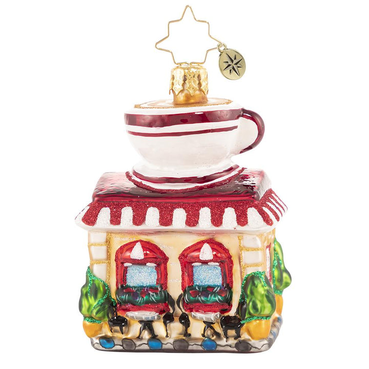 Back - Ornament Description - Wake Up And Smell The Coffee Gem: You know what they say-- a bad day with coffee is better than a good day without it! Rain or shine, this miniature coffee shop works hard to make sure everyone can get their fix!