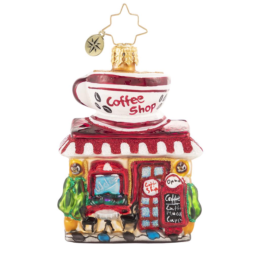 Front - Ornament Description - Wake Up And Smell The Coffee Gem: You know what they say-- a bad day with coffee is better than a good day without it! Rain or shine, this miniature coffee shop works hard to make sure everyone can get their fix!