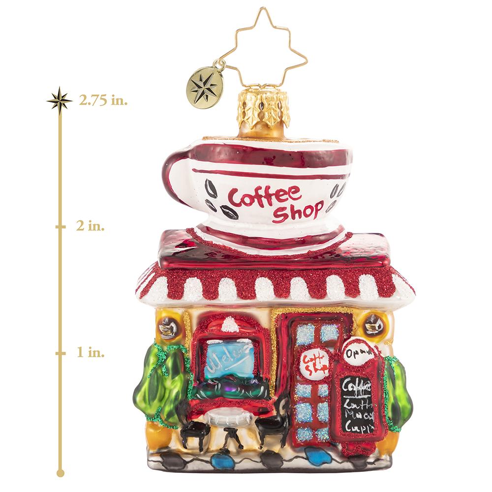 Ornament Description - Wake Up And Smell The Coffee Gem: You know what they say-- a bad day with coffee is better than a good day without it! Rain or shine, this miniature coffee shop works hard to make sure everyone can get their fix! This photo shows the ornament is about 2.75 inches tall. 