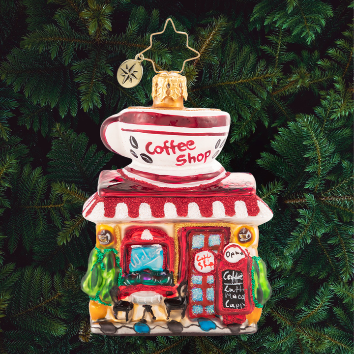 Ornament Description - Wake Up And Smell The Coffee Gem: You know what they say-- a bad day with coffee is better than a good day without it! Rain or shine, this miniature coffee shop works hard to make sure everyone can get their fix!