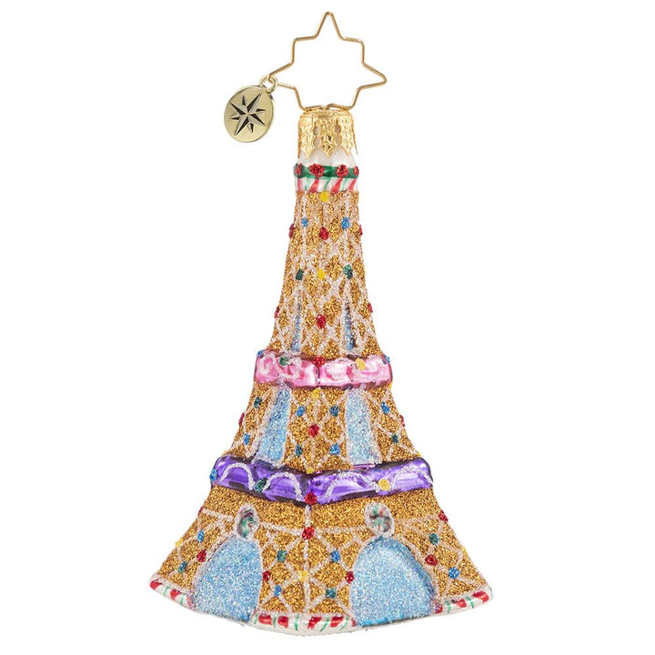 Back - Ornament Description - Paris is Sweet Gem: Climb to the top, just imagine the view! This tiny gingerbread Eiffel Tower is a sweet Parisian dream come true!