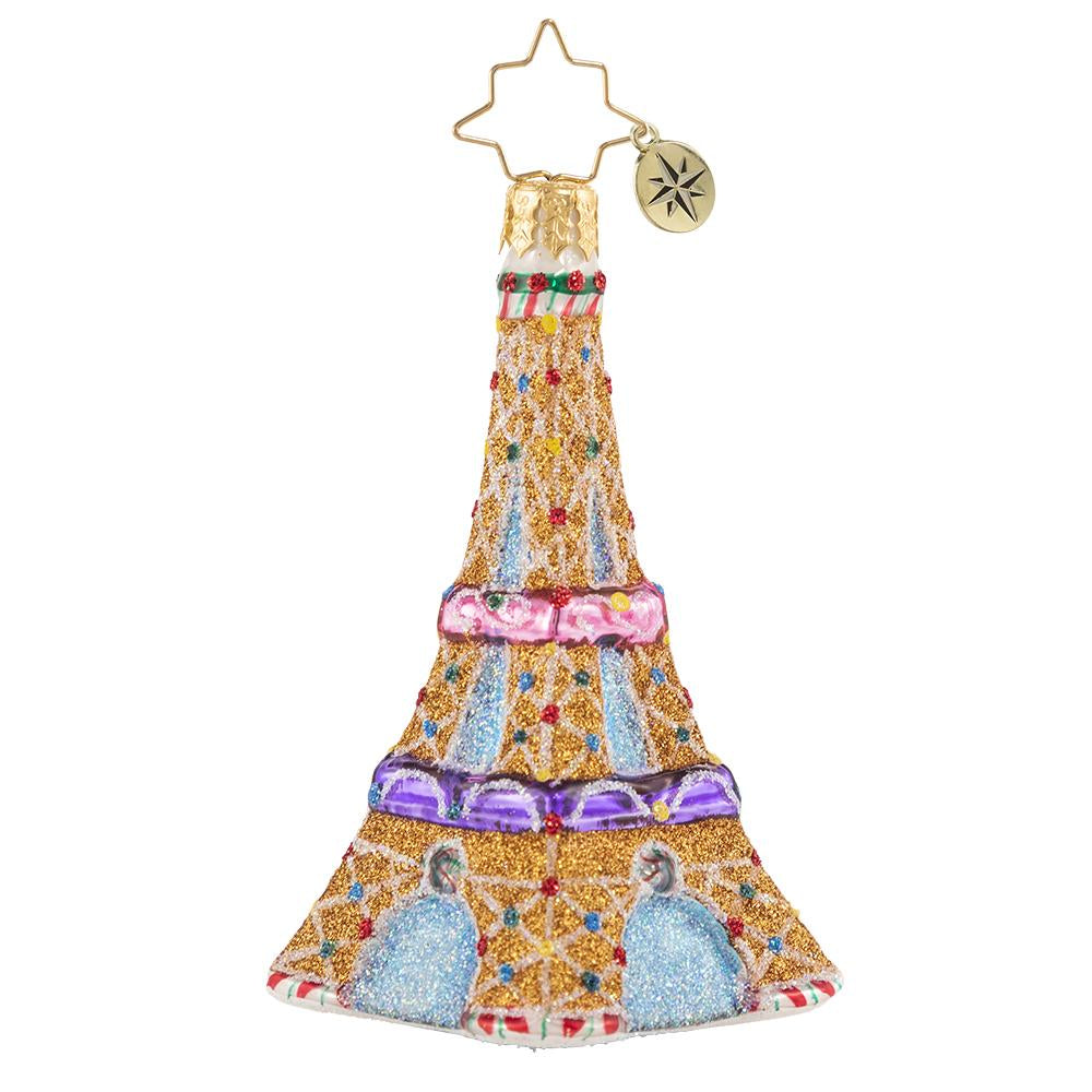 Front - Ornament Description - Paris is Sweet Gem: Climb to the top, just imagine the view! This tiny gingerbread Eiffel Tower is a sweet Parisian dream come true!