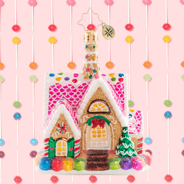 Ornament Description - A Delectable Dwelling Gem: Goody goody gumdrops! Adorned with sweetness on all sides, this itty-bitty gingerbread cottage is total candy-covered confection perfection.
